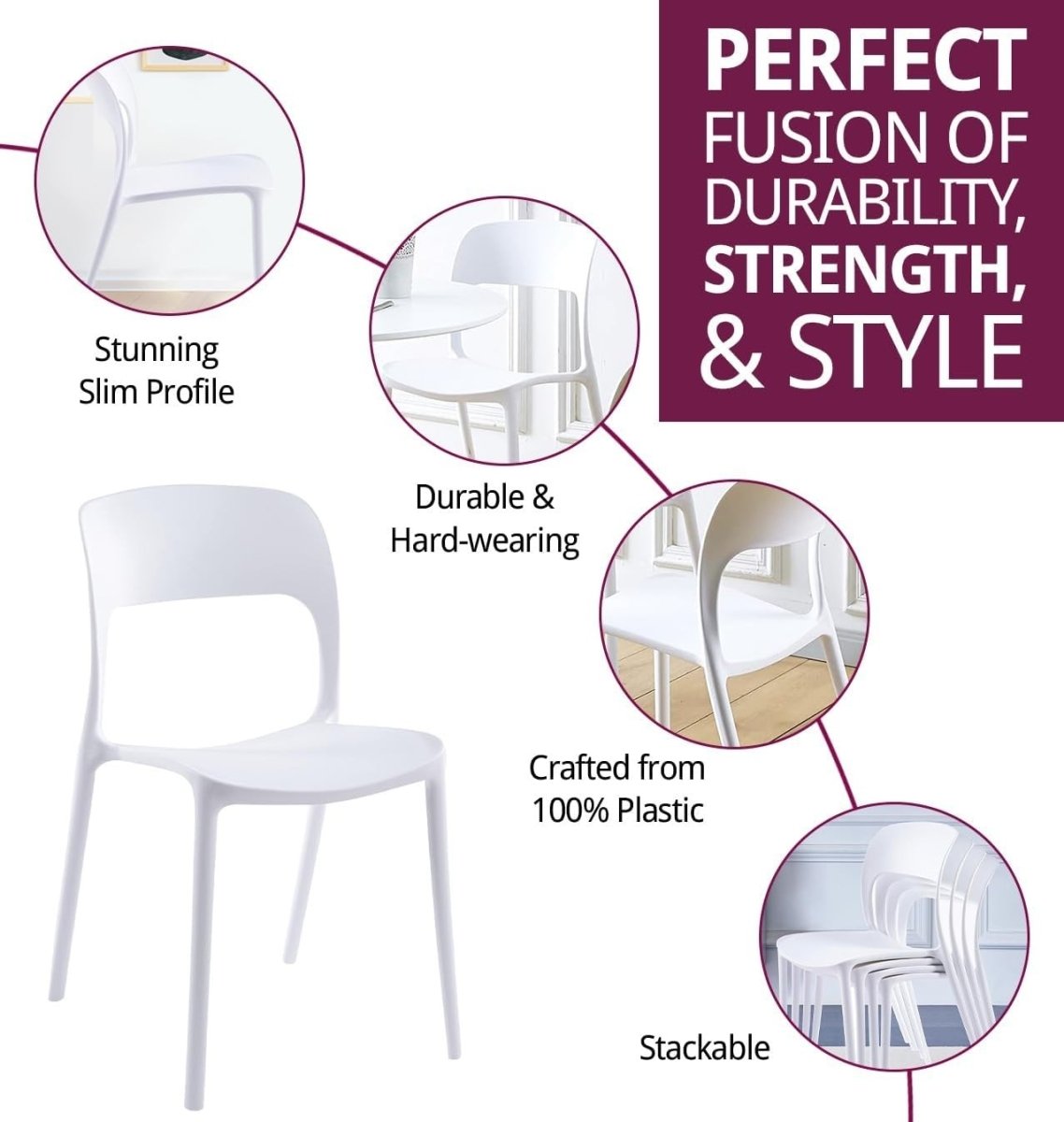 Stackable White Plastic Dining Chairs Set of 4 – Modern Kitchen & Office Seats - Kwikley