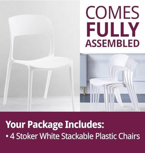 Stackable White Plastic Dining Chairs Set of 4 – Modern Kitchen & Office Seats - Kwikley