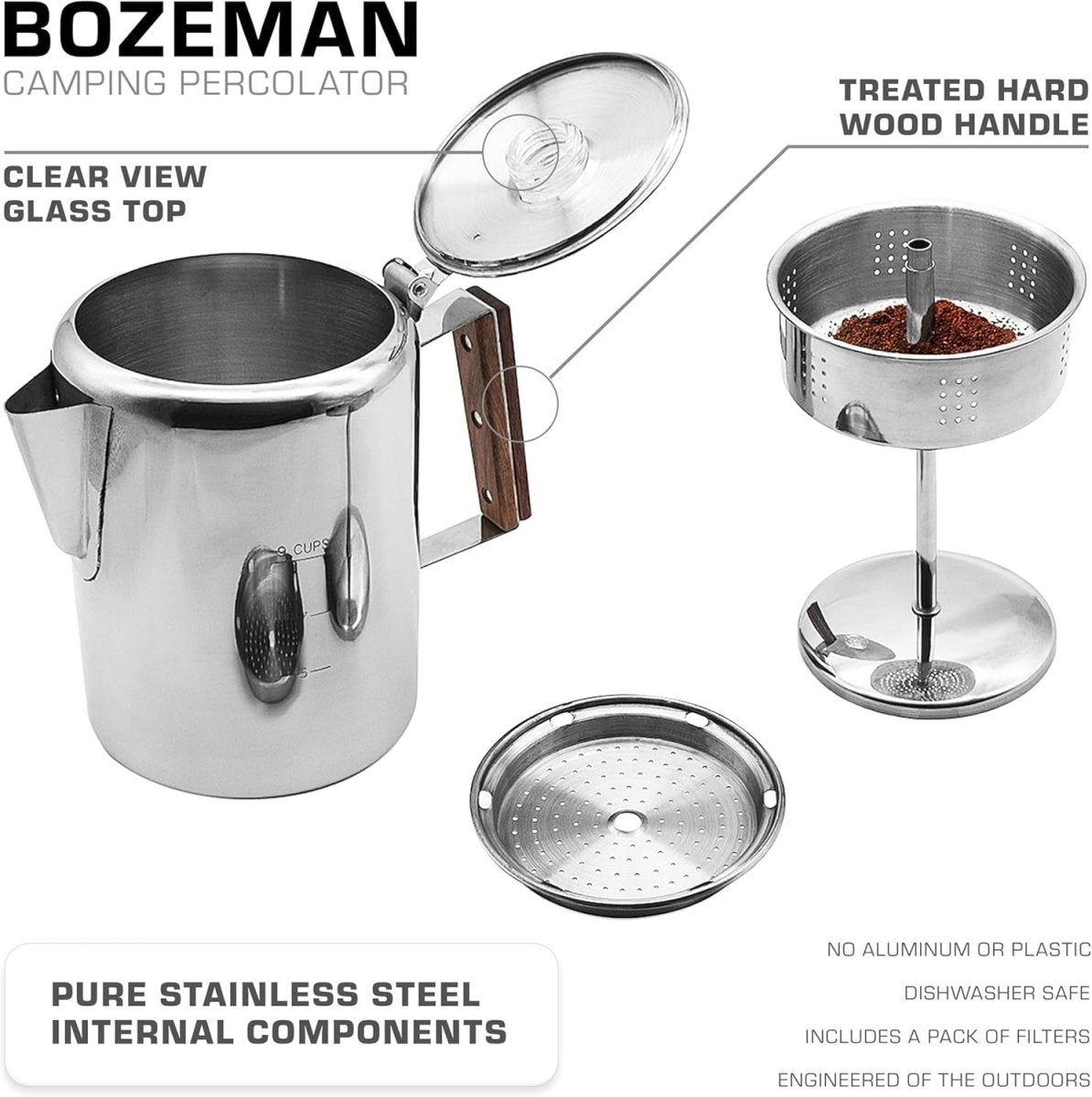 Stainless Steel Coffee Percolator 9 Cup Stovetop Camping Coffee Pot - Kwikley