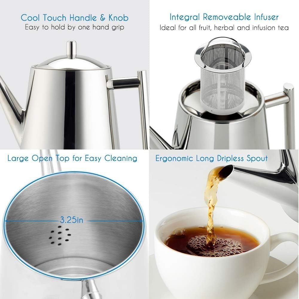 Stainless Steel Tea Pot 1500ml Removable Infuser Loose Leaf Herbal Tea - Kwikley