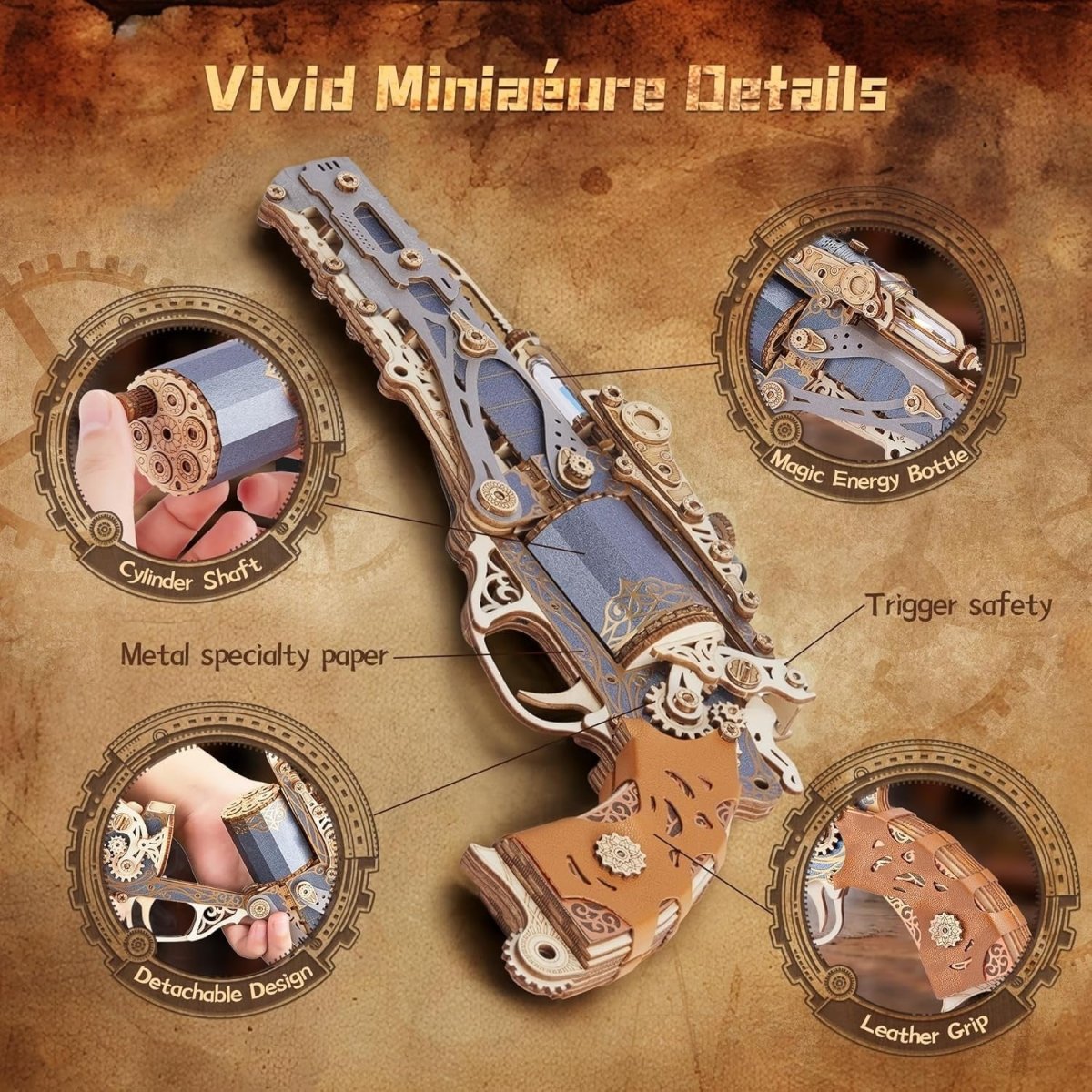 Steampunk Revolver 3D Wooden Puzzle 318PCS DIY Mechanical Model Kit - Kwikley