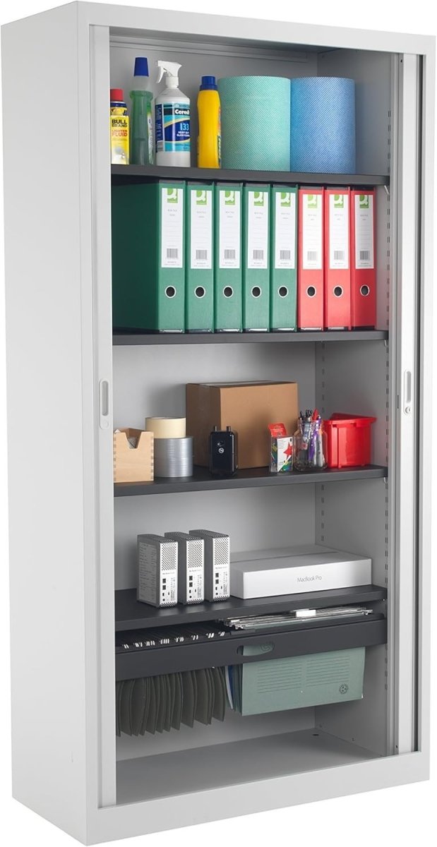 Steel Lockable Storage Cabinet with Adjustable Shelves, 195cm Tall, Grey - Kwikley