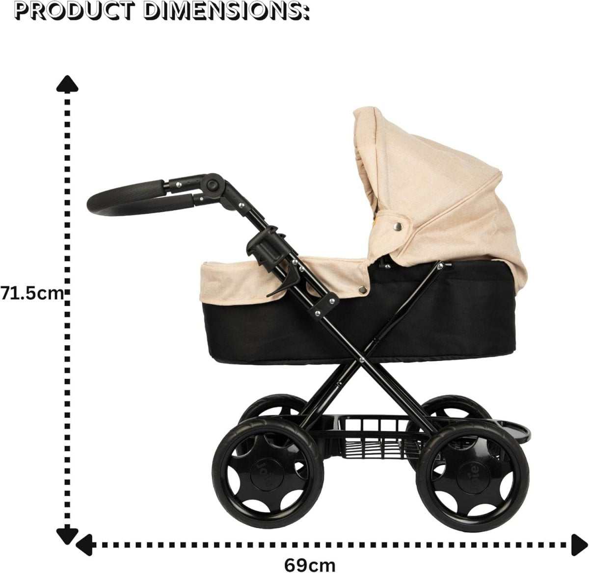 Stone Black Doll Pram Adjustable Handle Fold Flat with Changing Bag - Kwikley