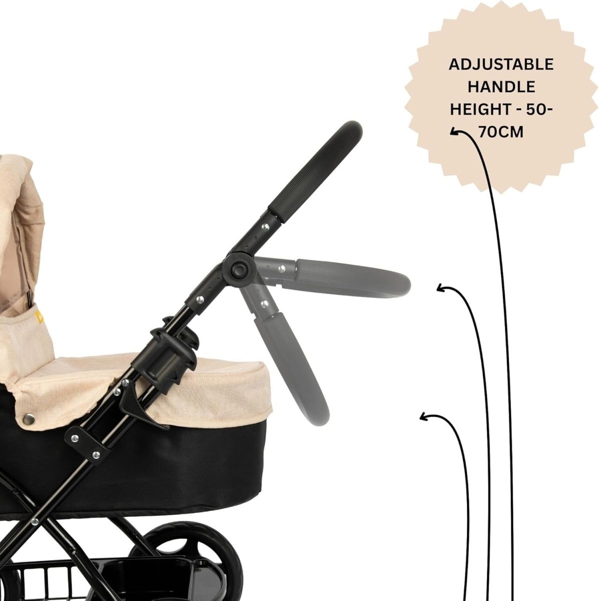 Stone Black Doll Pram Adjustable Handle Fold Flat with Changing Bag - Kwikley