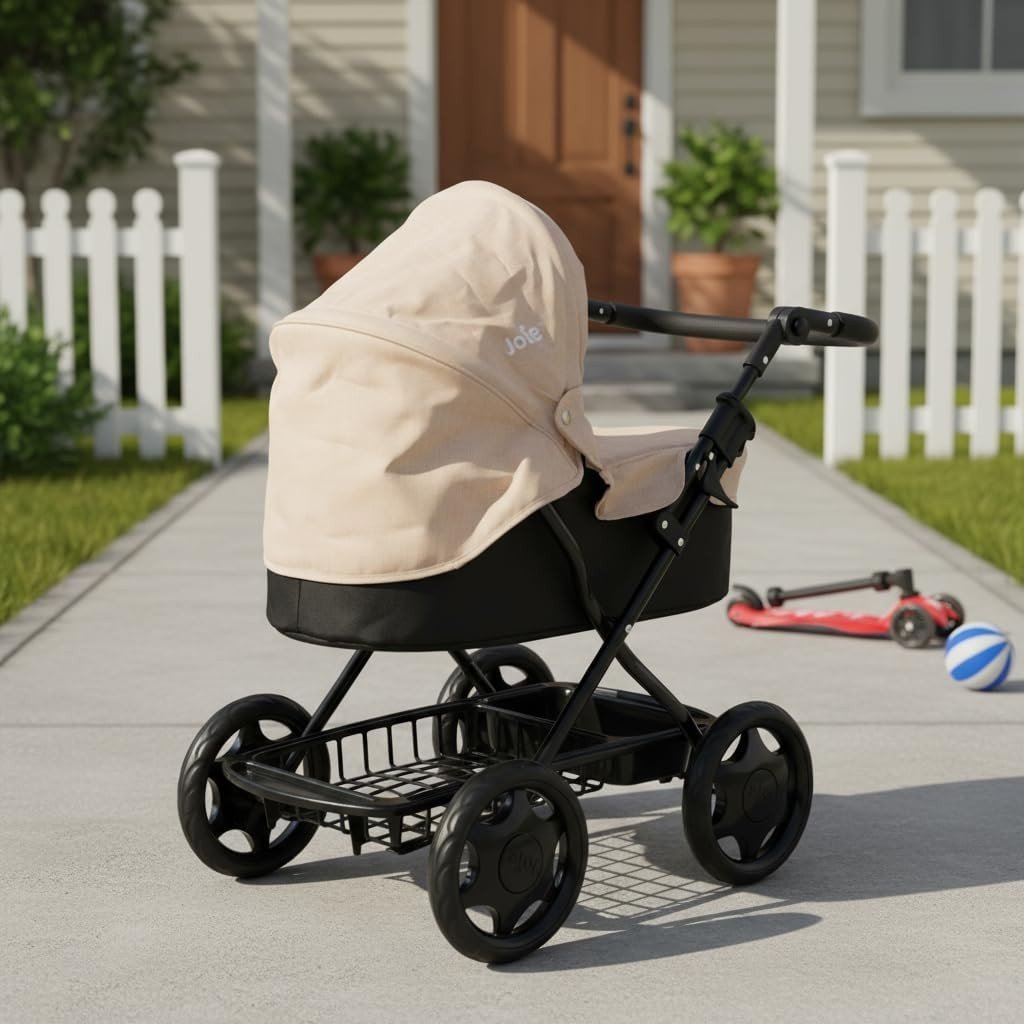 Stone Black Doll Pram Adjustable Handle Fold Flat with Changing Bag - Kwikley