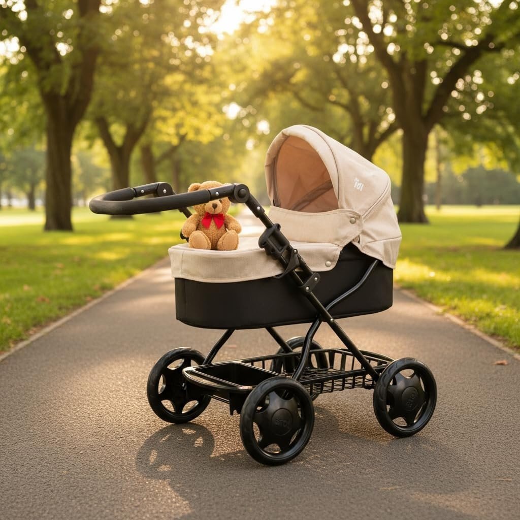 Stone Black Doll Pram Adjustable Handle Fold Flat with Changing Bag - Kwikley
