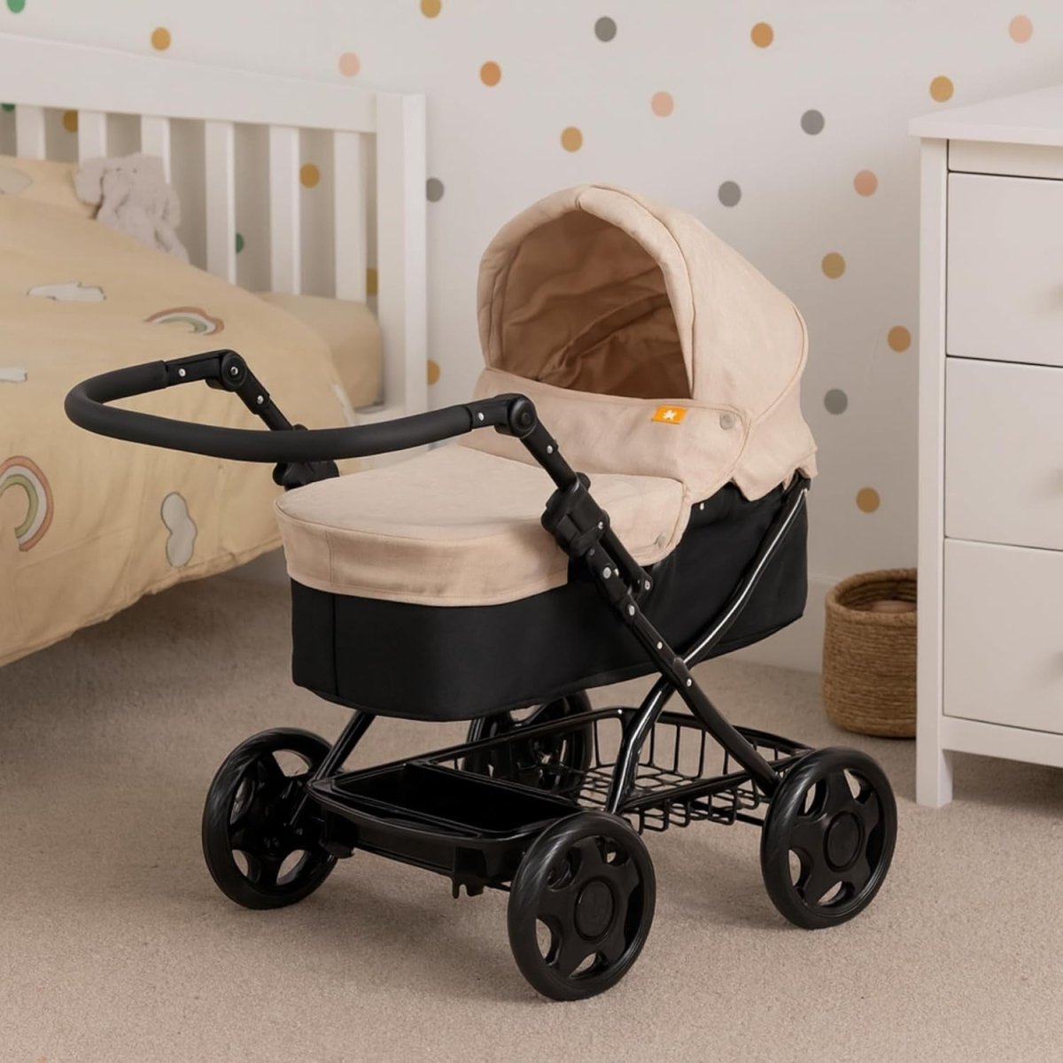 Stone Black Doll Pram Adjustable Handle Fold Flat with Changing Bag - Kwikley