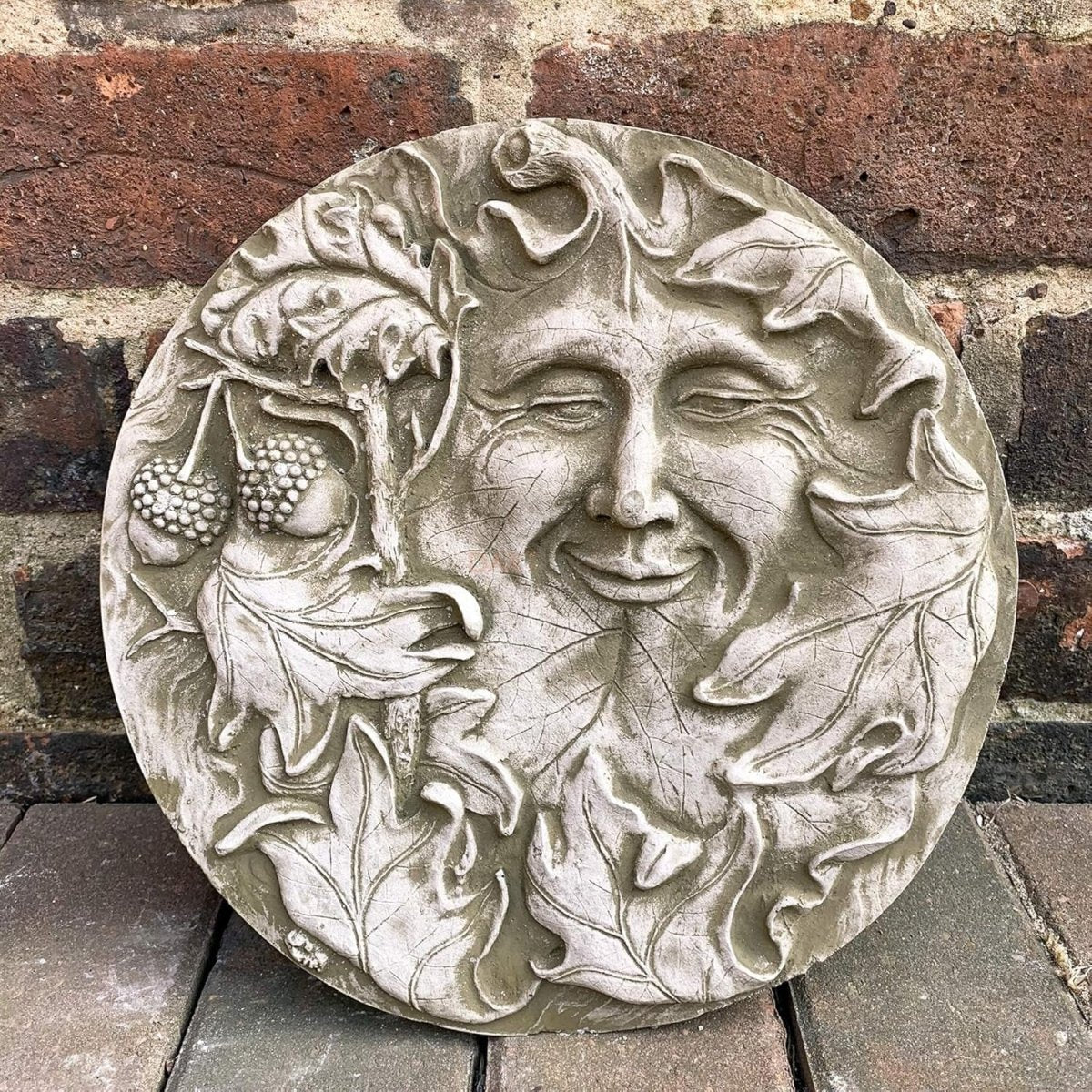 Stone Green Man Wall Plaque Round Garden Sculpture 30cm Decor - Kwikley