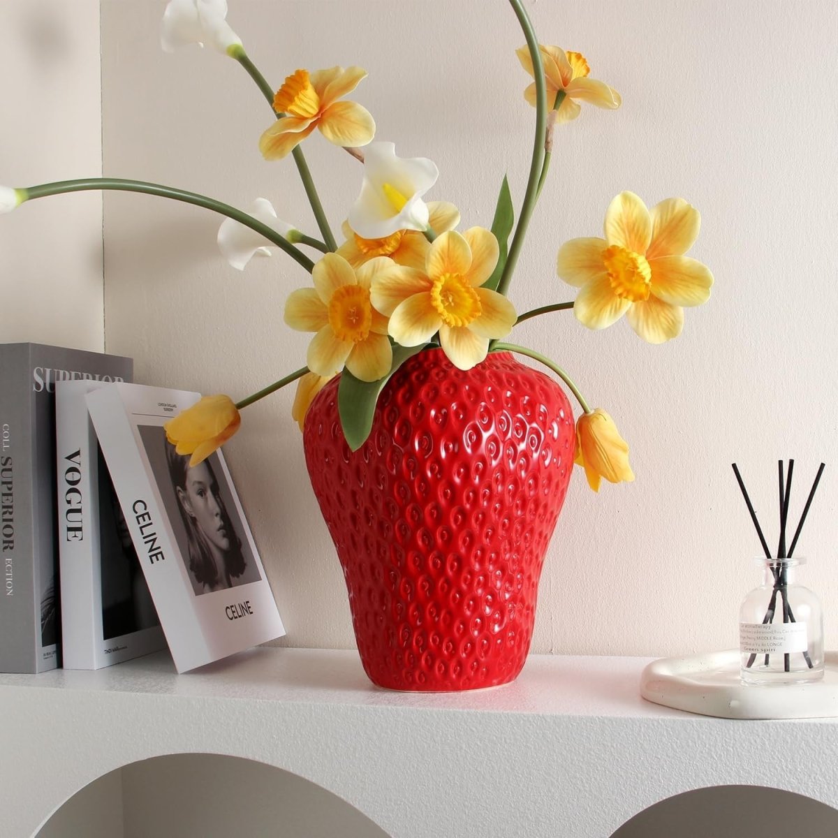 Strawberry Ceramic Flower Vase Large Red Cute Fruit Decorative Home Décor - Kwikley
