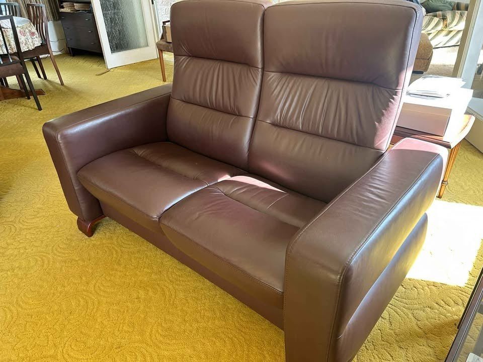 Stressless Brown Leather 3 + 2 Seater Sofas + 2 Footstools (PTP) - Kwikley