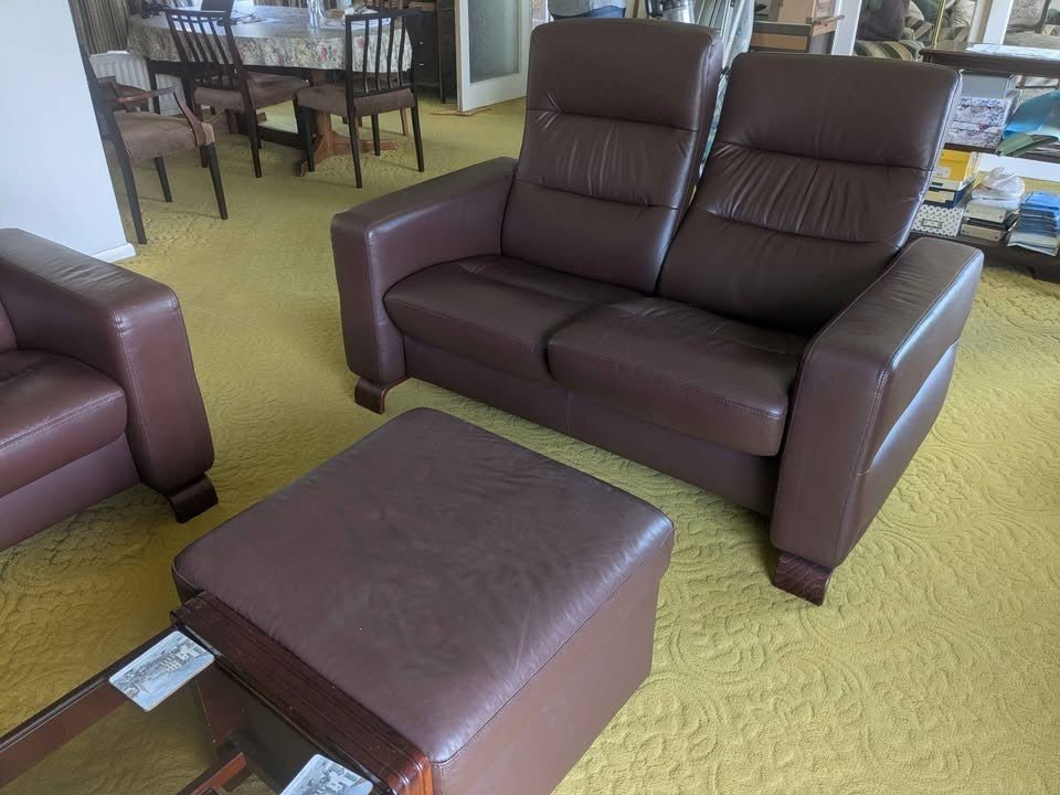 Stressless Brown Leather 3 + 2 Seater Sofas + 2 Footstools (PTP) - Kwikley