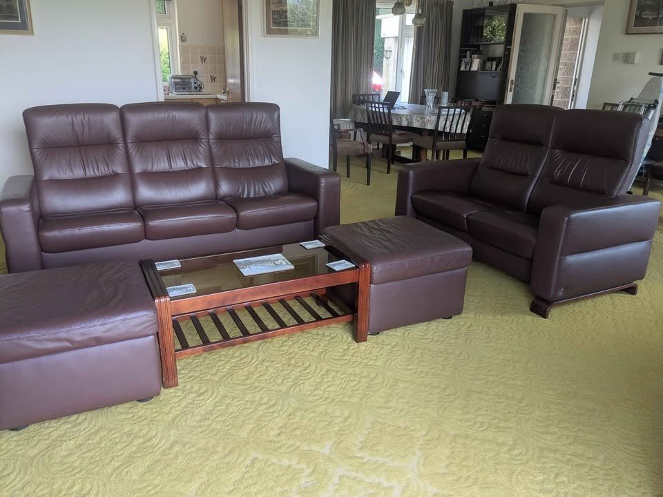 Stressless Brown Leather 3 + 2 Seater Sofas + 2 Footstools (PTP) - Kwikley