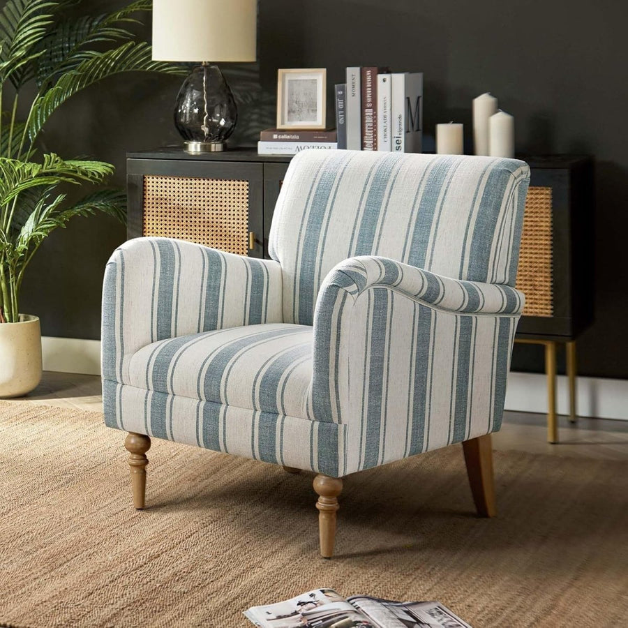 Striped Blue Accent Chair Upholstered Armchair for Living Room Bedroom - Kwikley