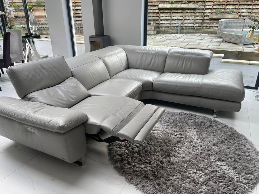 Sumptuous Grey Leather Natuzzi Corner Sofa Reclining Sofa L - Shape Sofa (PTP) - Kwikley