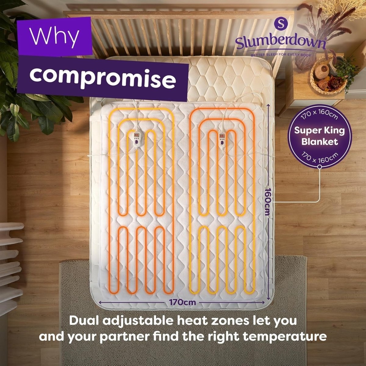 Super King Electric Underblanket Dual Control Multi Zone 9 Heat Washable 160x170 - Kwikley