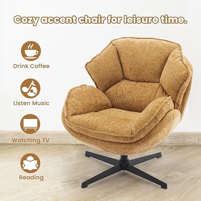 Swivel Accent Chair Tub Armchair Upholstered Metal Legs Yellow - Kwikley