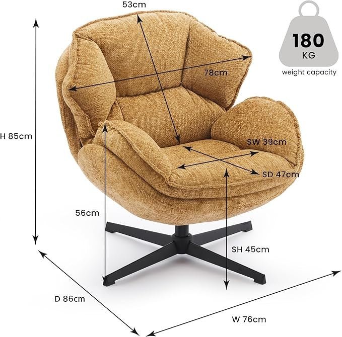 Swivel Accent Chair Tub Armchair Upholstered Metal Legs Yellow - Kwikley