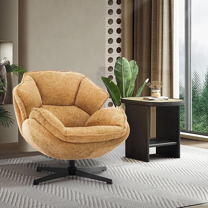 Swivel Accent Chair Tub Armchair Upholstered Metal Legs Yellow - Kwikley