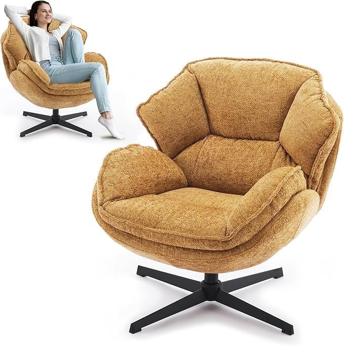 Swivel Accent Chair Tub Armchair Upholstered Metal Legs Yellow - Kwikley