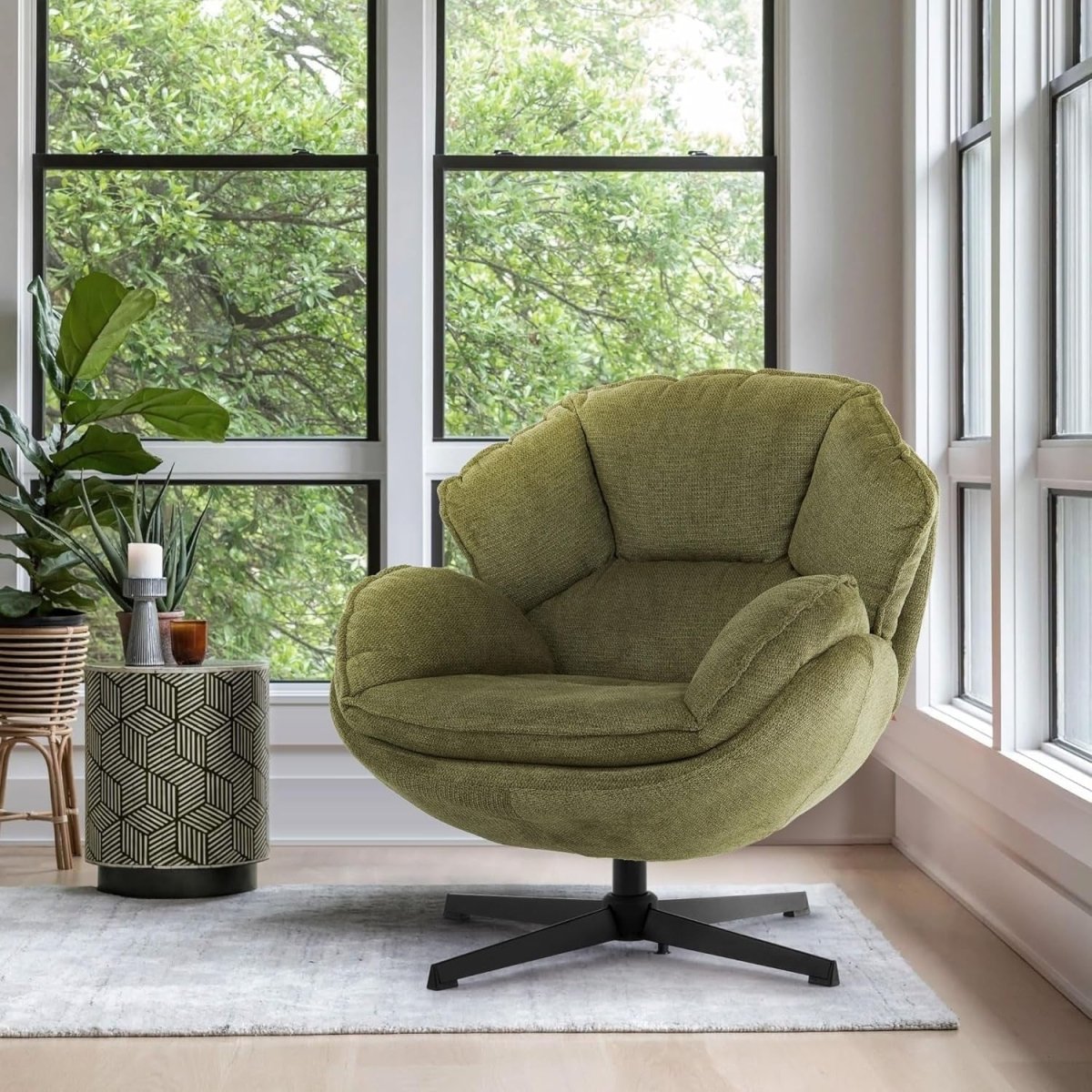 Swivel Accent Chair Tub Armchair Upholstered Reading Chair Metal Legs Green - Kwikley