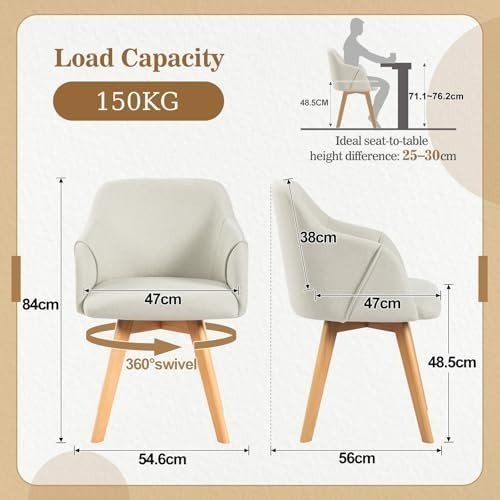 Swivel Dining Chairs Set of 2 Linen Padded Armchair Taupe - Kwikley