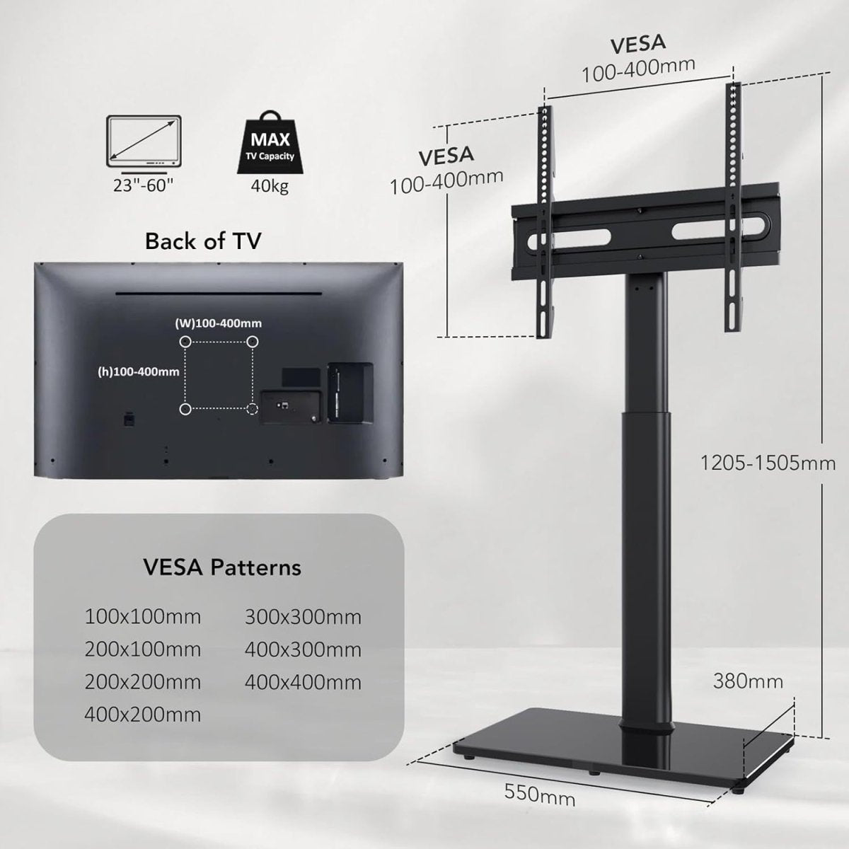 Swivel Floor TV Stand 27–65” Height Adjustable Mount VESA to 400x400mm - Kwikley