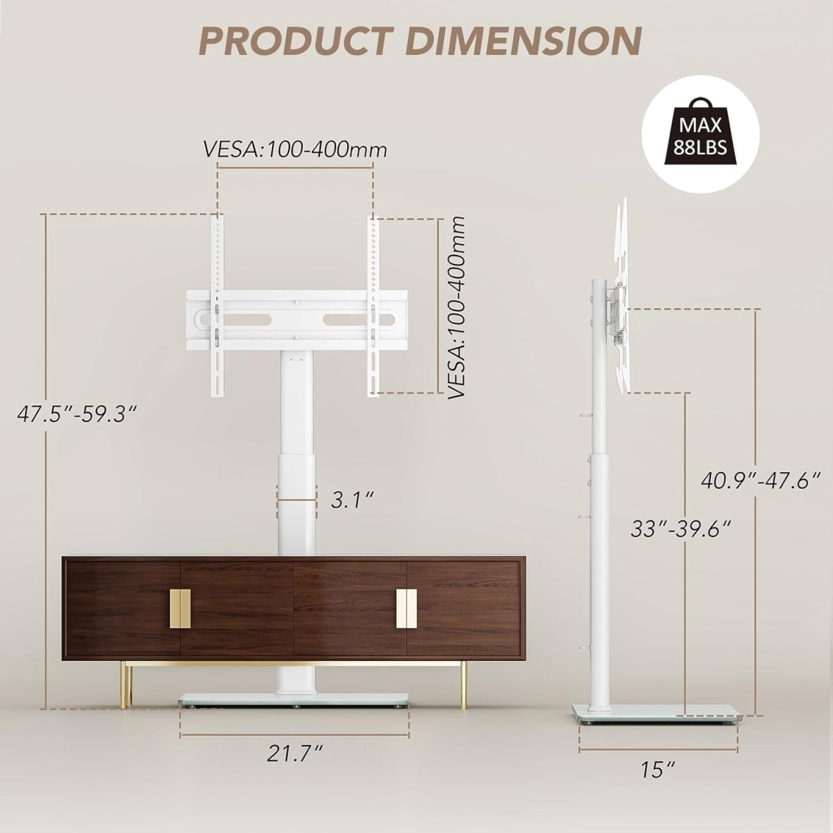 Swivel Floor TV Stand for 27 - 65” with Mount, Space - Saving, White Metal - Kwikley