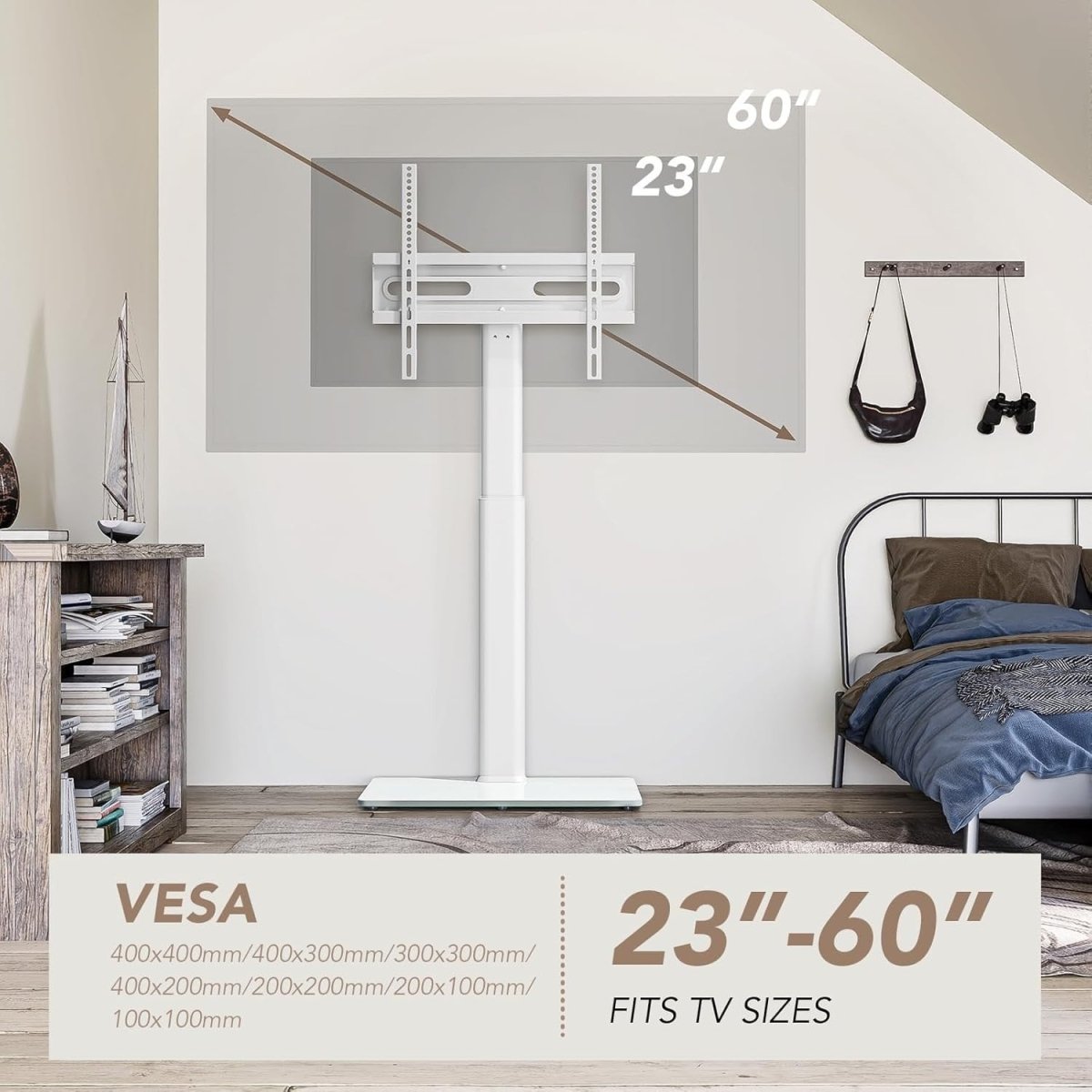 Swivel Floor TV Stand for 27 - 65” with Mount, Space - Saving, White Metal - Kwikley