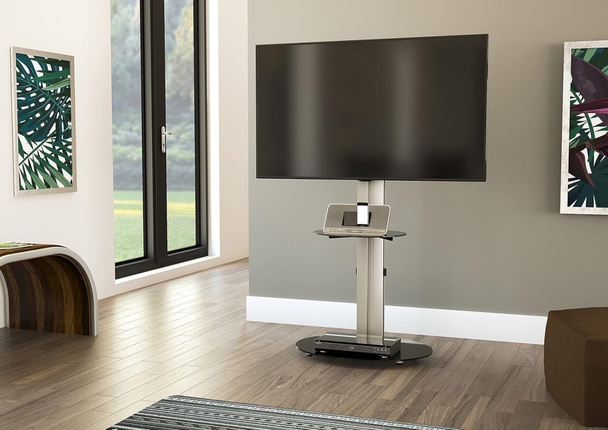 Swivel TV Stand With Shelf for 32-55" Screens Glass Base VESA Mount - Kwikley