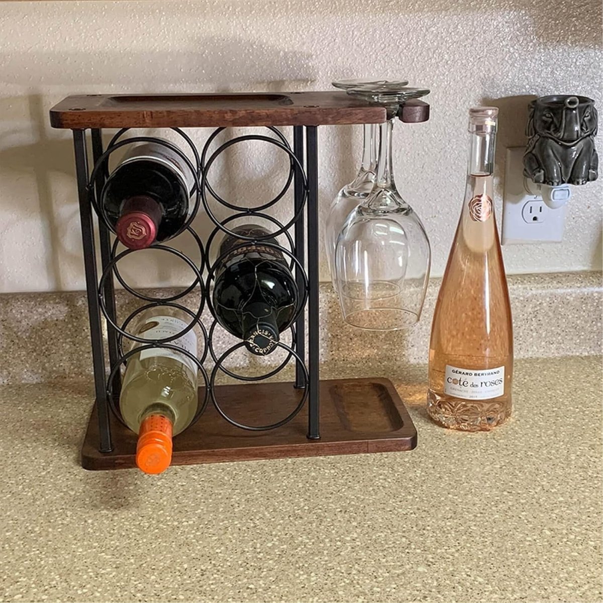 Tabletop Wine Rack with Glass Holder 6 Bottle Storage Metal & Wood Countertop - Kwikley