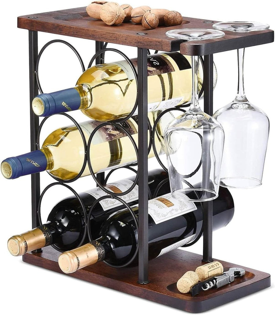 Tabletop Wine Rack with Glass Holder 6 Bottle Storage Metal & Wood Countertop - Kwikley