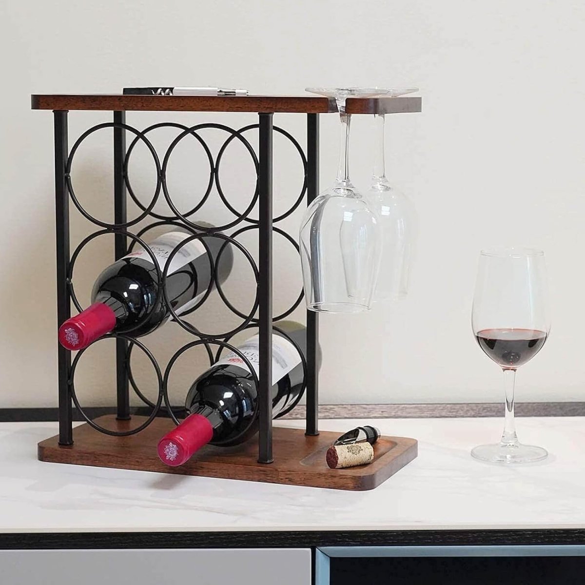 Tabletop Wine Rack with Glass Holder 6 Bottle Storage Metal & Wood Countertop - Kwikley