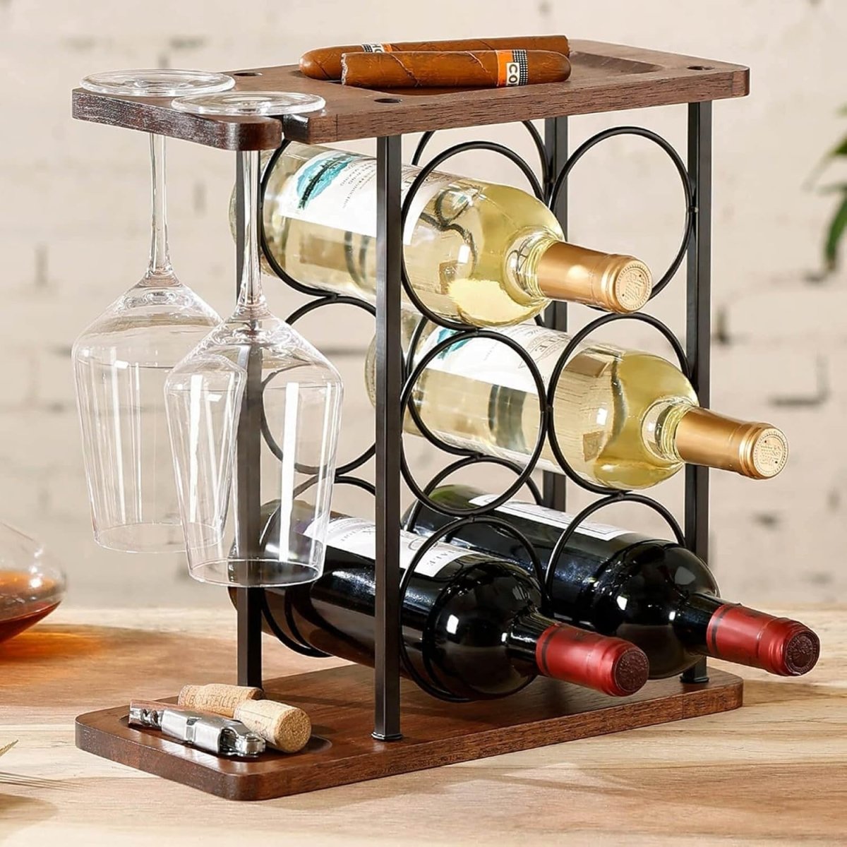 Tabletop Wine Rack with Glass Holder 6 Bottle Storage Metal & Wood Countertop - Kwikley
