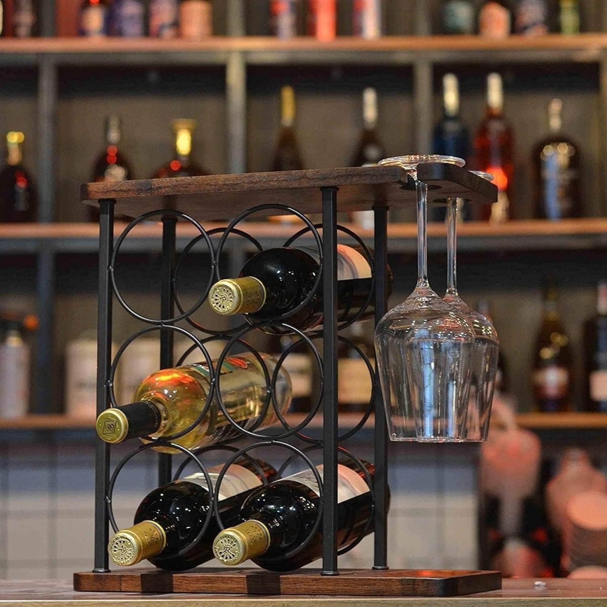 Tabletop Wine Rack with Glass Holder 6 Bottle Storage Metal & Wood Countertop - Kwikley