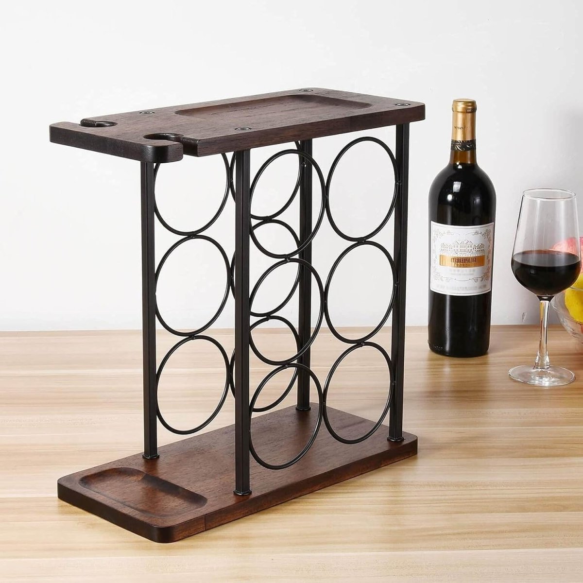 Tabletop Wine Rack with Glass Holder 6 Bottle Storage Metal & Wood Countertop - Kwikley