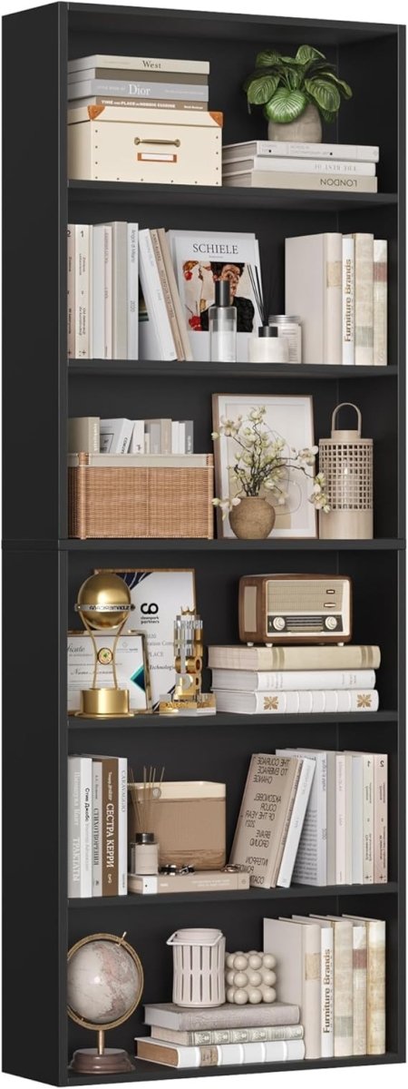 Tall Black 6 Tier Bookshelf 180cm Modern Display Storage Unit with Deep Shelves - Kwikley