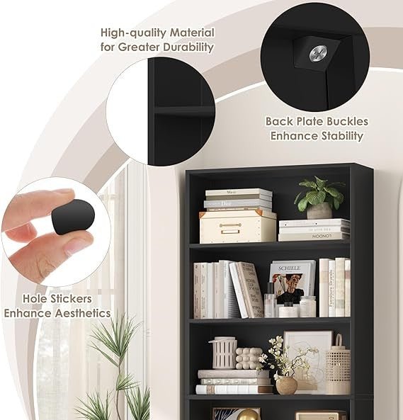 Tall Black 6 Tier Bookshelf 180cm Modern Display Storage Unit with Deep Shelves - Kwikley