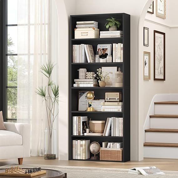 Tall Black 6 Tier Bookshelf 180cm Modern Display Storage Unit with Deep Shelves - Kwikley