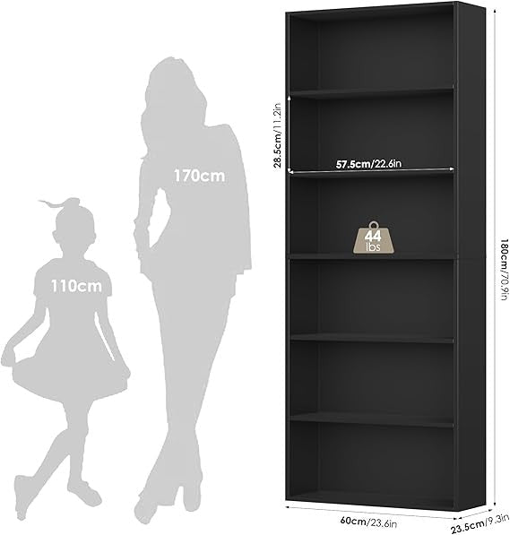 Tall Black 6 Tier Bookshelf 180cm Modern Display Storage Unit with Deep Shelves - Kwikley