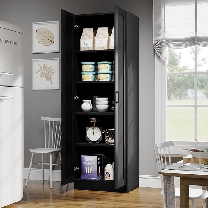 Tall Black Wooden Storage Cabinet with 2 Doors & Adjustable Shelves - Kwikley