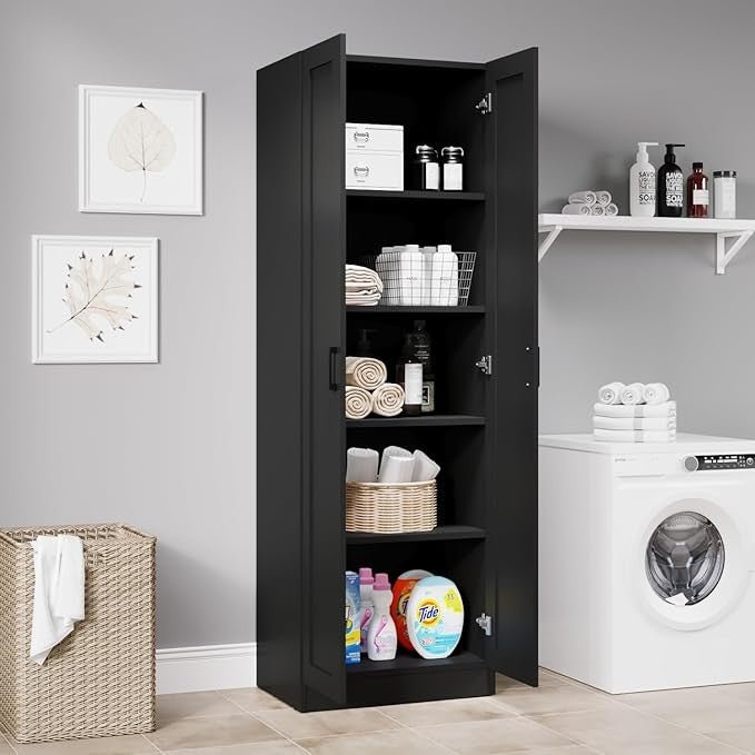 Tall Black Wooden Storage Cabinet with 2 Doors & Adjustable Shelves - Kwikley