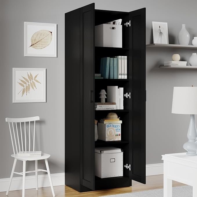 Tall Black Wooden Storage Cabinet with 2 Doors & Adjustable Shelves - Kwikley