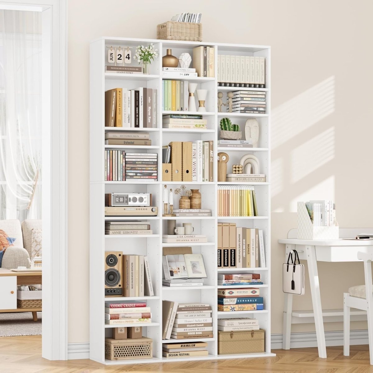 Tall CD DVD Storage Bookcase 27 Shelf Media Tower Adjustable White 190cm - Kwikley