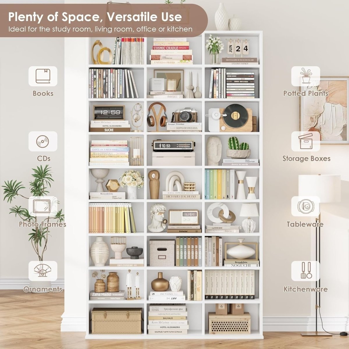Tall CD DVD Storage Bookcase 27 Shelf Media Tower Adjustable White 190cm - Kwikley