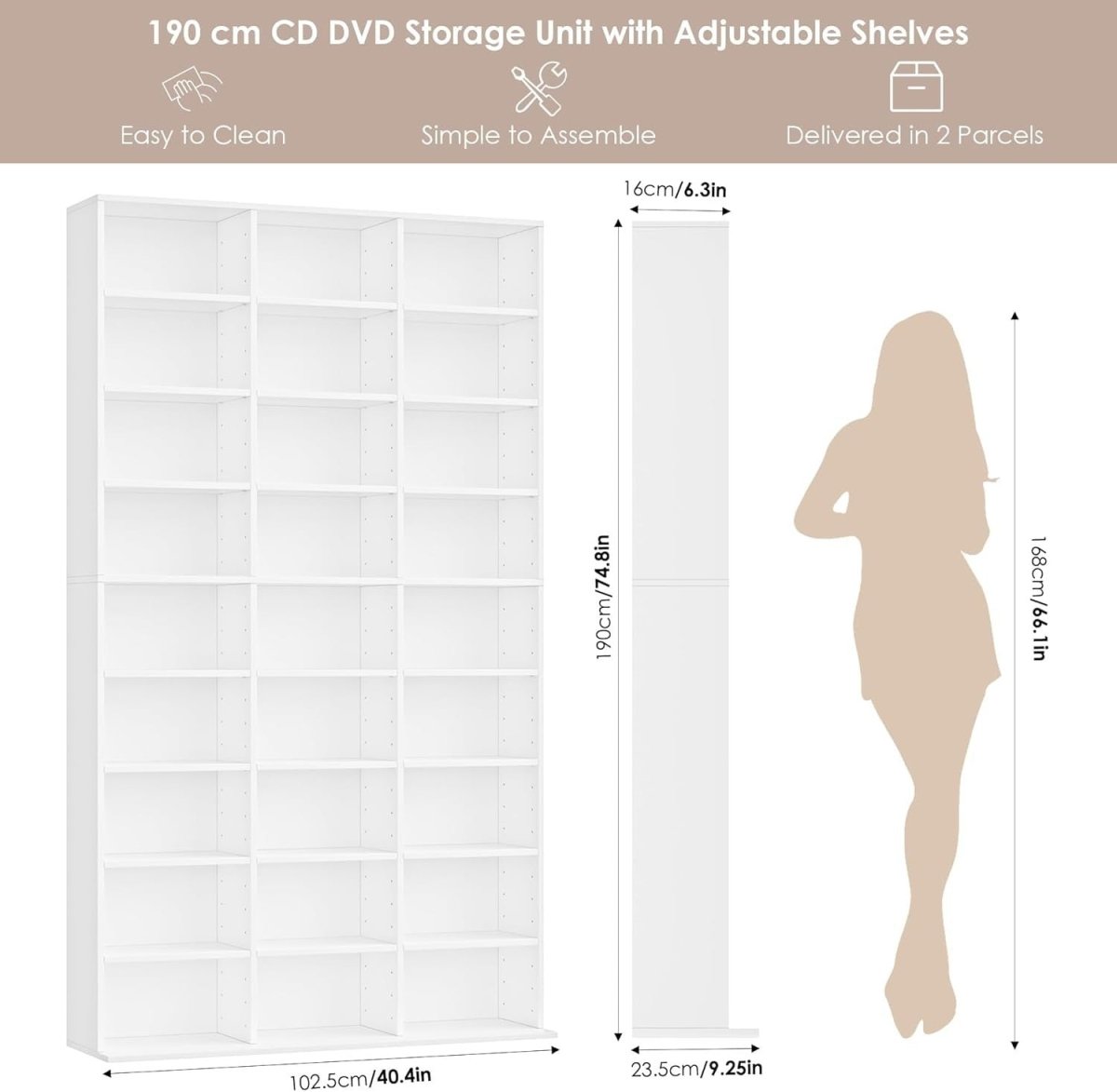Tall CD DVD Storage Bookcase 27 Shelf Media Tower Adjustable White 190cm - Kwikley