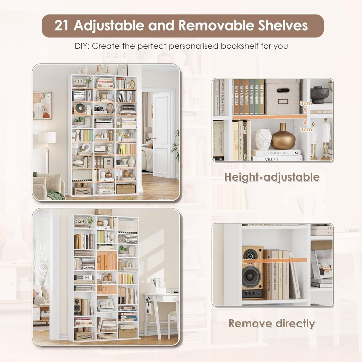 Tall CD DVD Storage Bookcase 27 Shelf Media Tower Adjustable White 190cm - Kwikley