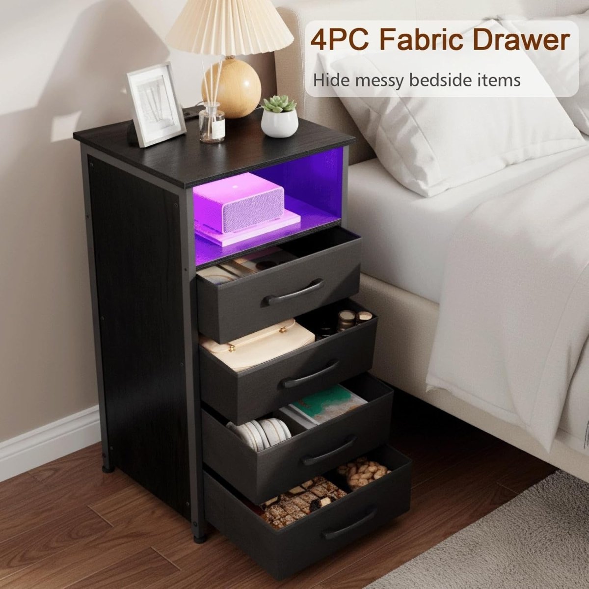 Tall LED Bedside Tables Set of 2 with USB Charging, 4 Drawers & Storage - Kwikley