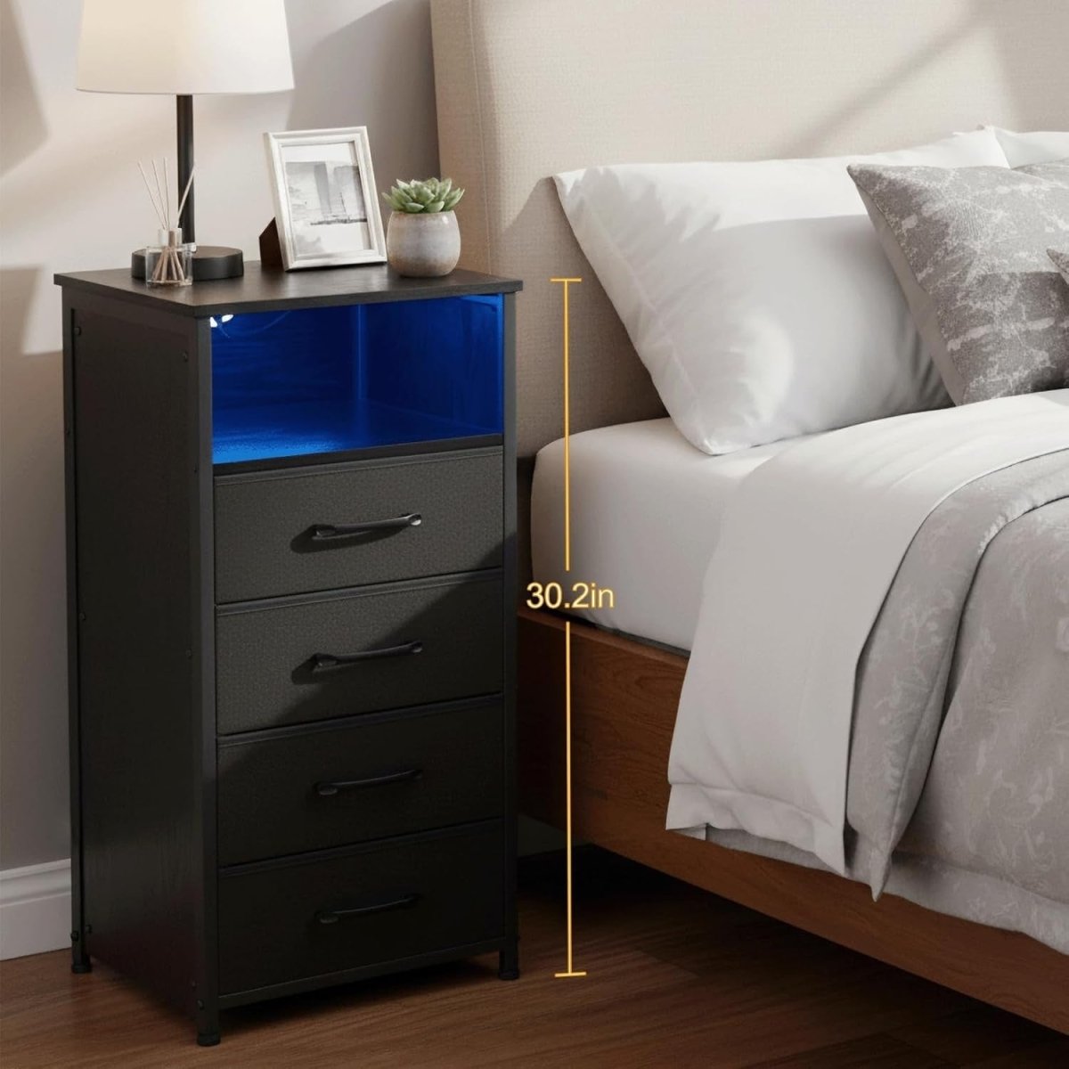 Tall LED Bedside Tables Set of 2 with USB Charging, 4 Drawers & Storage - Kwikley