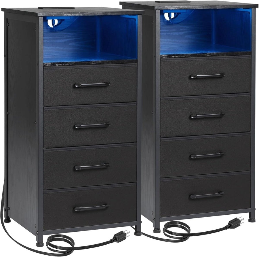 Tall LED Bedside Tables Set of 2 with USB Charging, 4 Drawers & Storage - Kwikley