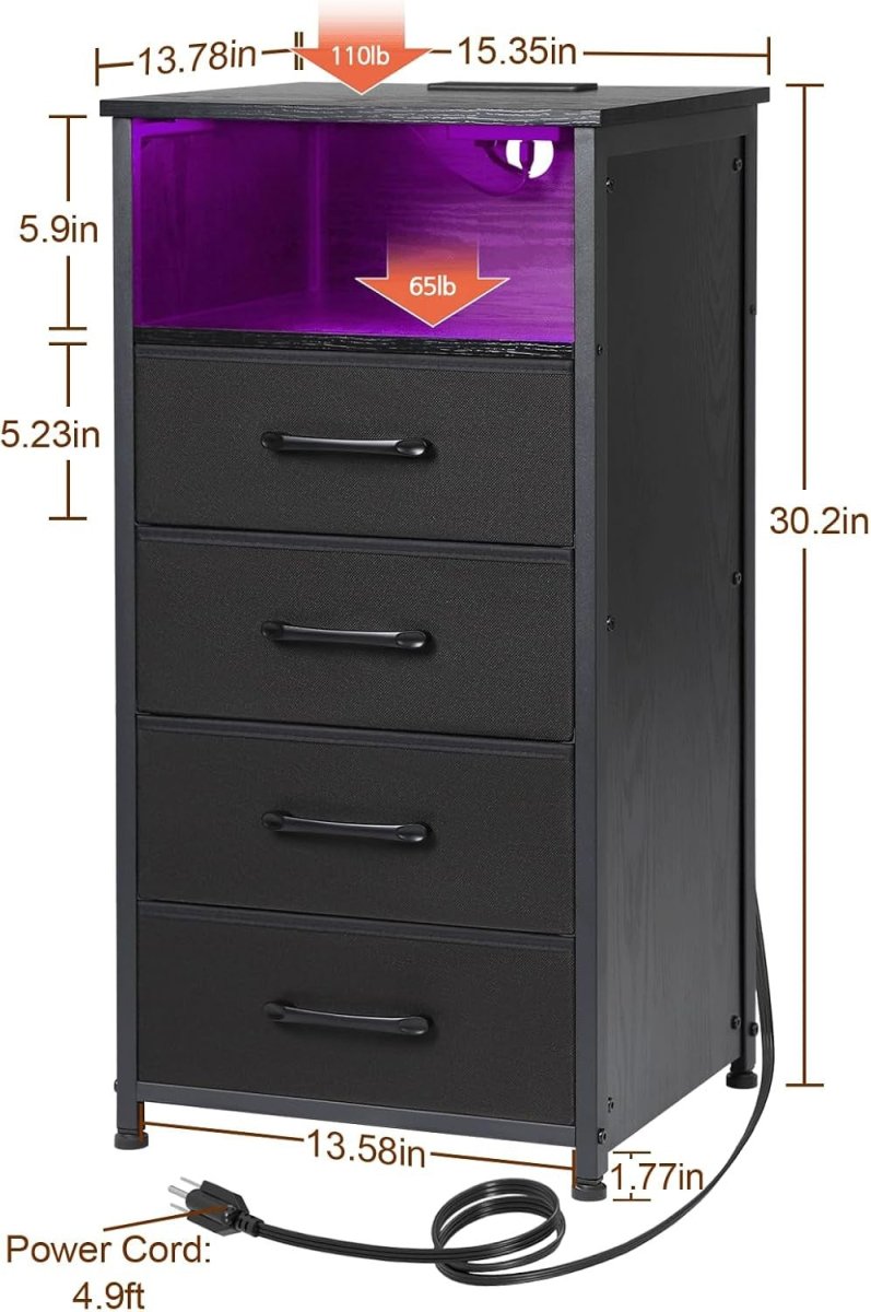 Tall LED Bedside Tables Set of 2 with USB Charging, 4 Drawers & Storage - Kwikley